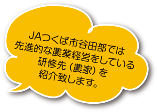 JAつくば市谷田部では先進的な農業経営をしている研修先（農家）を紹介致します。